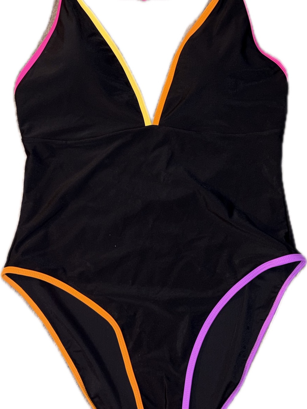 Black Women’s One-Piece Swim Bodysuit with Multicolor Trim